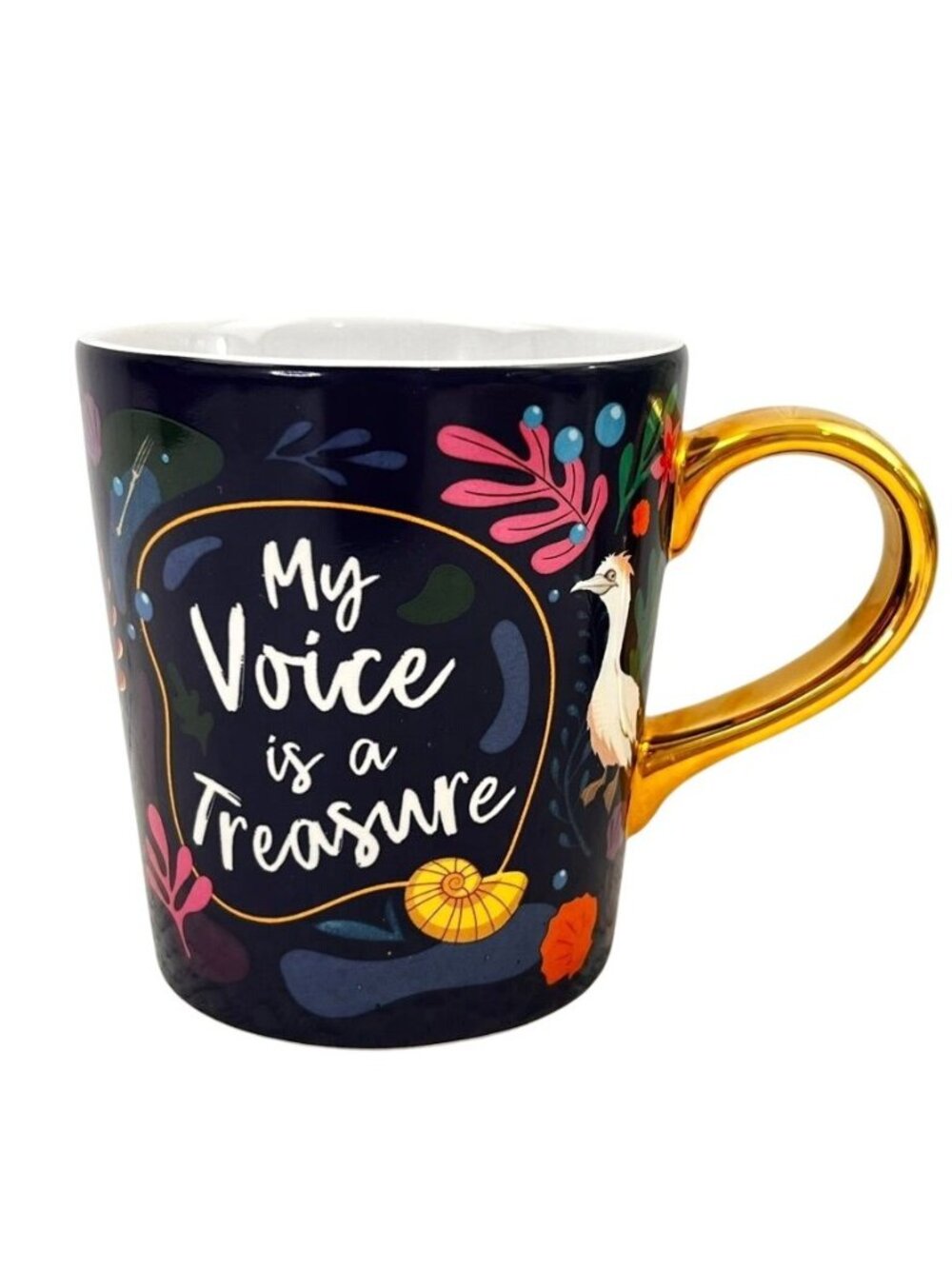 Disney Ariel "My Voice Is A Treasure" 16 Oz Coffee Mug Navy Blue Gold Handle